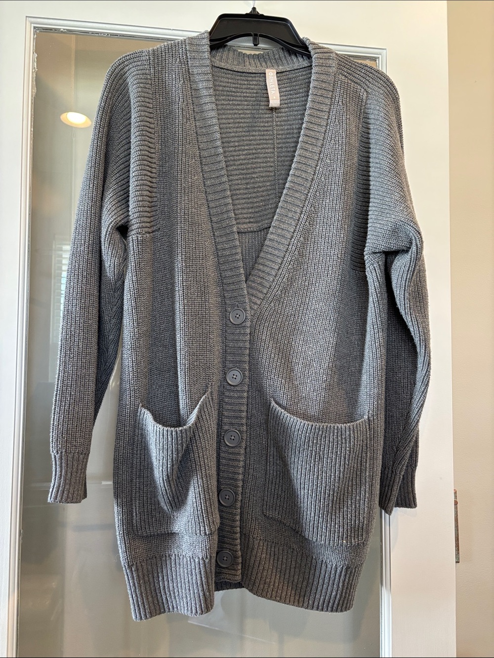 Athleta Grey Knit Button-Front Pocket Cardigan